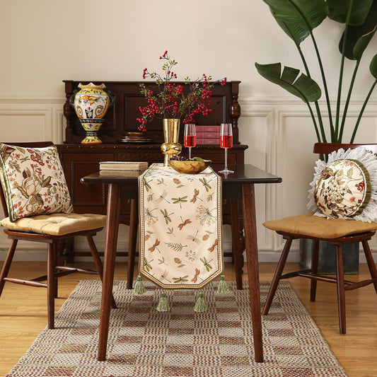 ISAENNE Designer Ivory White Velvet Table Runner 102 Inches Long,Farmhouse Dragonfly and Floral Pattern Table Runners for Dining Tables,Thanksgiving,Kitchen Tables,Christmas,12"*102"-Grace B