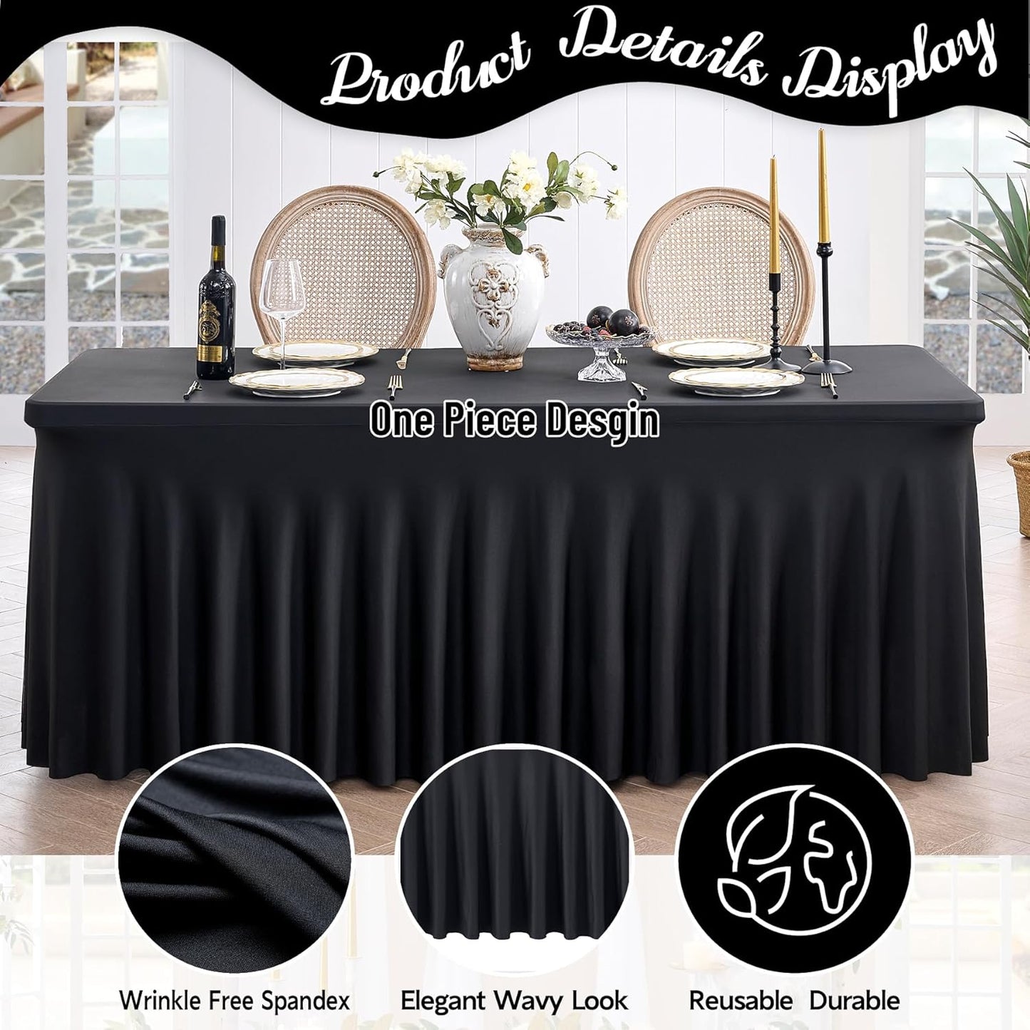 Outpain Wrinkle Free Spandex Tablecloth for 6 Foot Rectangle Tables, 8 Pack Black Fitted Table Cloths 6ft Stretchy Banquet Table Clothes Cover Desk Skirt for Birthday Wedding Parties Baby Shower