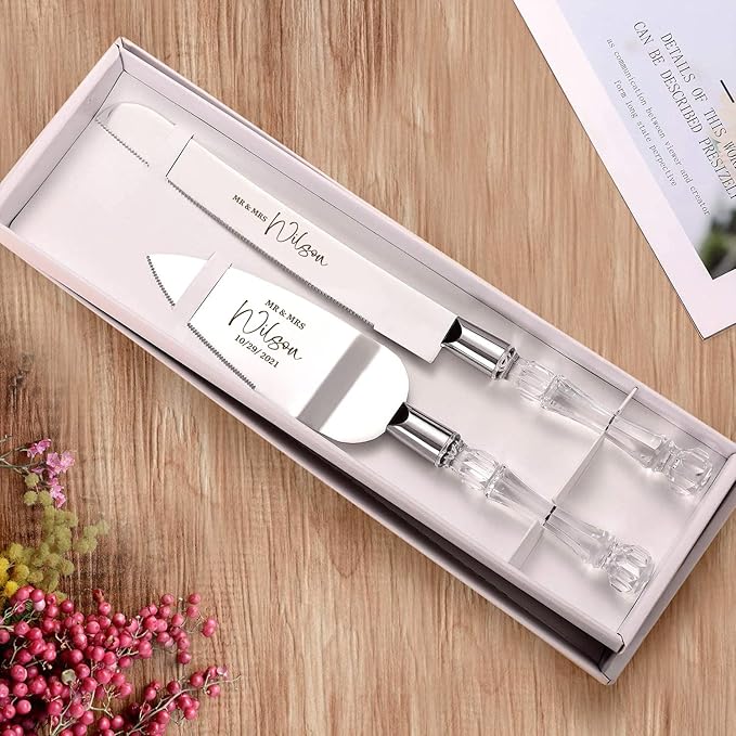 AW BRIDAL Personalized Wedding Cake Knife and Server Set, Silver Cake Cutting Set for Wedding Reception, Anniversary Party, Engagement//DK2201CPP06//