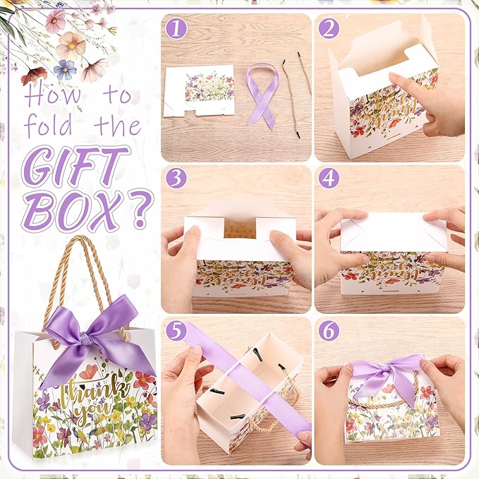 Moinchore 40 Pack Wildflower Thank You Gift Bags with Handles Small Thank You Party Favor Bags with Bow Wedding Welcome Tote for wedding Holiday Bridal Shower Party(Vintage Purple Flowers)