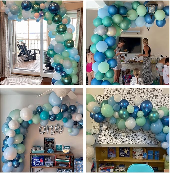 Blue Green Teal Balloons 60 Pcs Ocean Blue Green Pearl White Balloons 12 Inch Under the Sea Shark Whale Underwater World Theme Balloon Set for Boys Baby Shower Gender Reveal Birthday Party Decorations