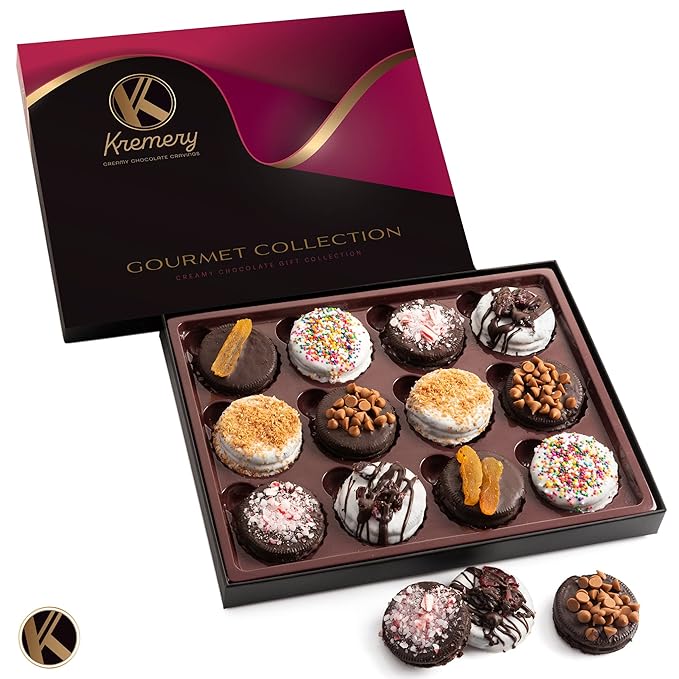 KREMERY Creamy Chocolate Cravings - Halloween Treats For Adults Chocolate Covered Sandwich Cookies & Cream Gift Basket, in Elegant Gift Box (12 Cookies, Assorted Sweet Toppings) Holiday Xmas Christmas