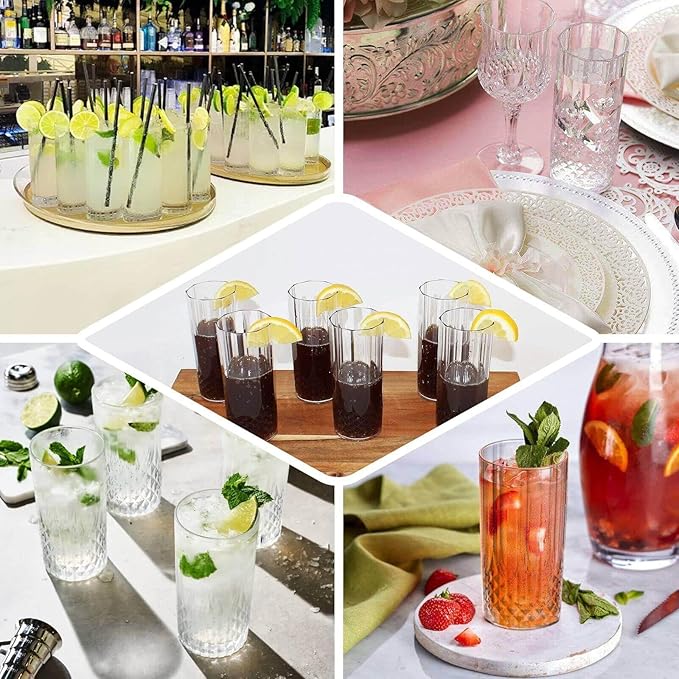 Efavormart 6-Pack Plastic Highball Glasses, 14oz Shatterproof Crystal Cut Drink Glasses for Kitchen Mojito Whiskey Cocktail, Navy Blue