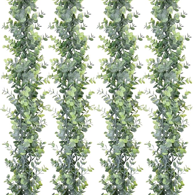 DearHouse 4 Pack Faux Eucalyptus Garland Plant, Artificial Vines Hanging Eucalyptus Leaves Greenery Garland for Wedding Backdrop Arch Wall Decor,5.9 Feet/pcs UV Protected Indoor Outdoor