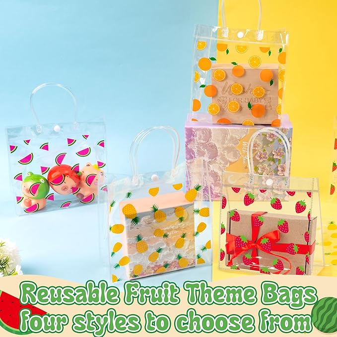 H1vojoxo Summer Fruit Gift Bags - 24PCS Strawberry Orange Watermelon Pineapple Clear PVC Gift Bags with Handles Reusable and Waterproof Mix Fruits Goodie Treat Tote Bag Summer Fruit Party Favor Bag