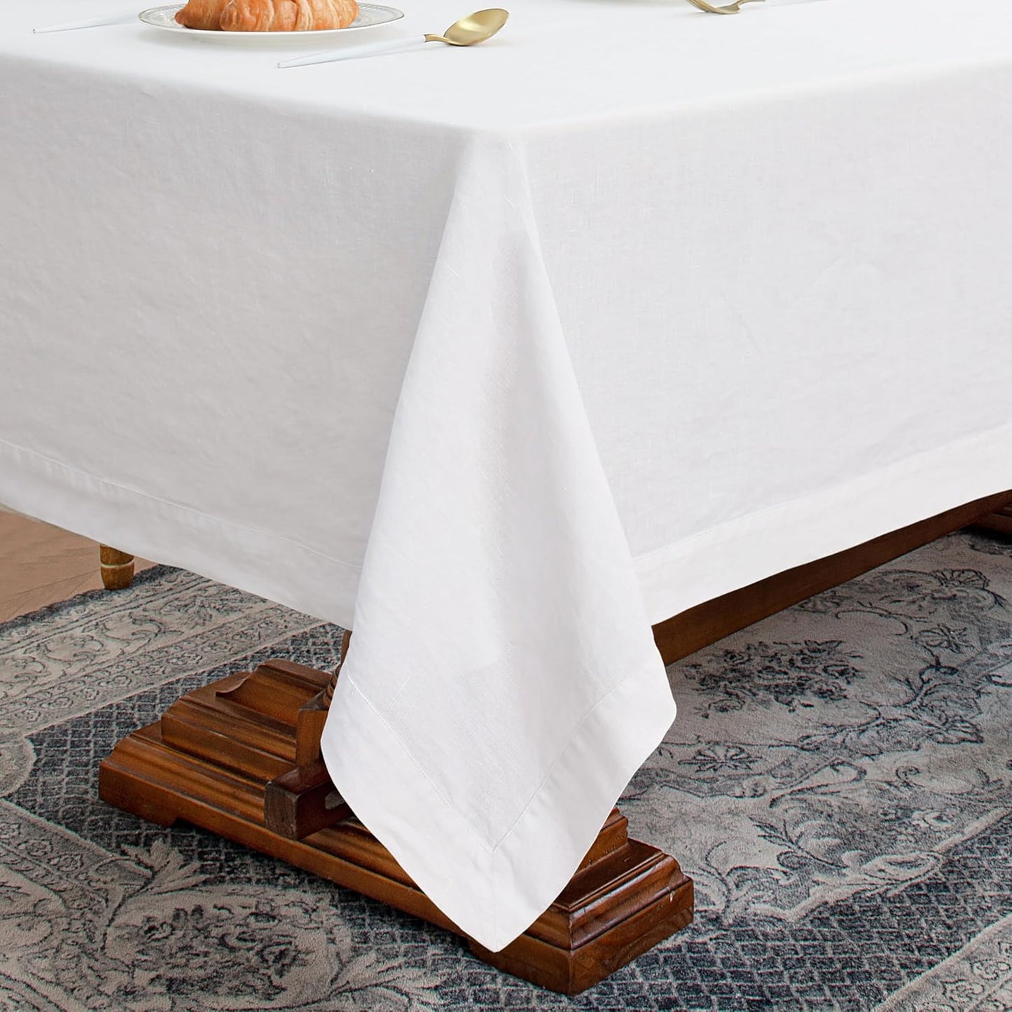Linen World Linen Tablecloth,100% French Linen White Tablecloth 90" x 60" Inch,Washable Rectangular Tablecloth for Dining,Outdoor,Weddings and Restaurants,Decorative Thanksgiving Christmas