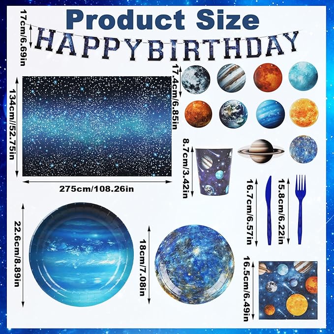 182pcs Outer Space Theme Birthday Party Supplies,Galaxy Planet Outer Space Paper Plates and Napkins Kit,for Solar System Planets Baby Shower Birthday Party Decorations,Serves 30