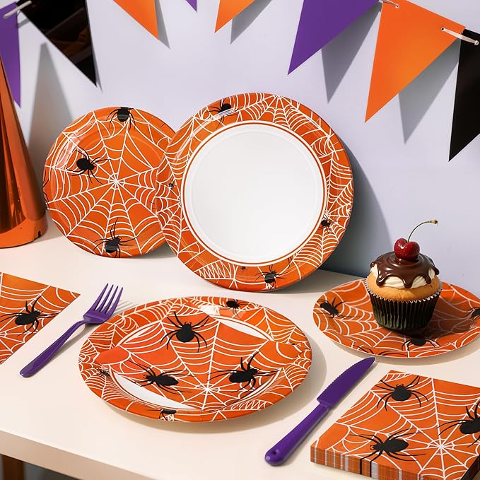 75pcs Spider Party Supplies, 25 Guest Disposable Paper Plates & Napkins, Tableware Decorations Favors, Including 9" & 7" Plates & Napkins for Halloween, Birthday, Parties, and Everyday Use