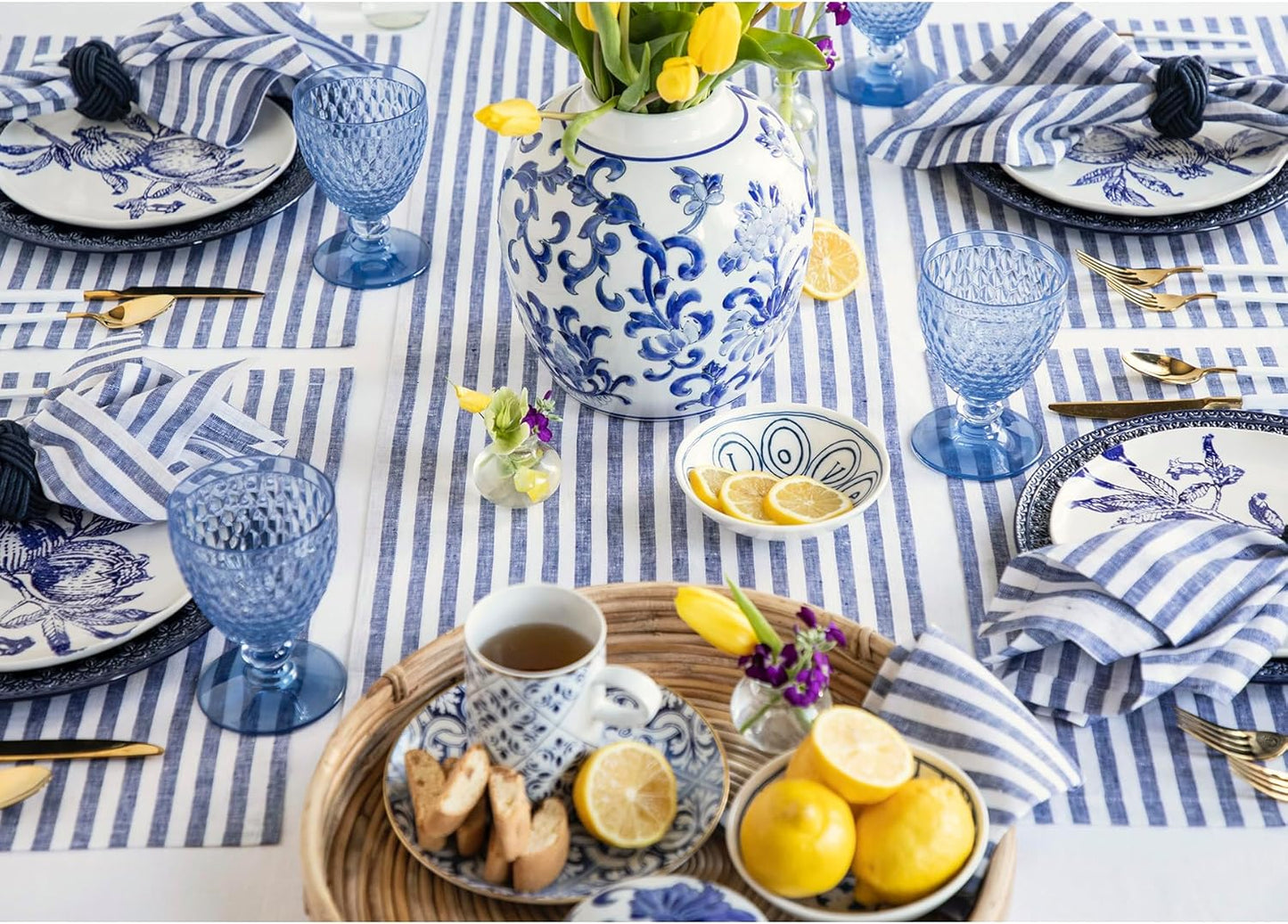 Solino Home Linen Table Runner 60 Inches - Amalfi Stripe 100% Pure Linen Navy and White Table Runner 14 x 60 Inch Ideal for Dresser and Coffee Tables - Fall, Autumn, Halloween, Thanksgiving, Christmas