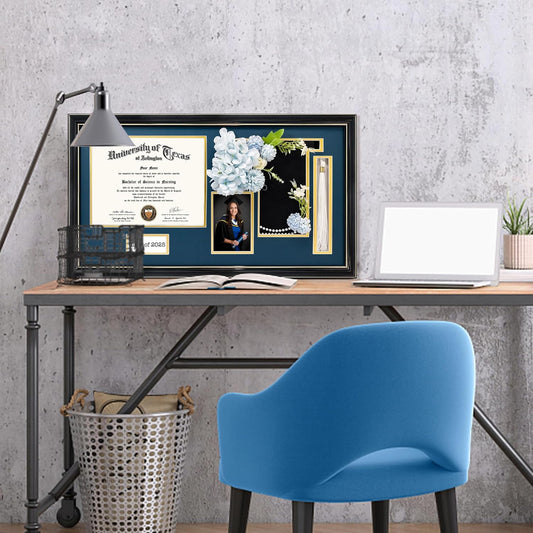 GraduationMall Class of 2025 Graduation Frame for 8.5x11 Diploma & 4x6 Photo with Graduation Cap & Tassel Holder, Black Wood Display Case with Navy Gold Mat