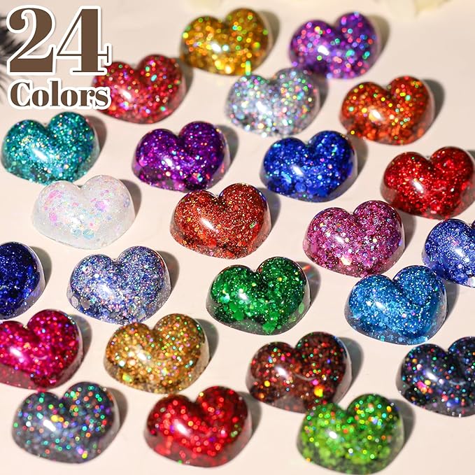 LEOBRO Glitter, 24 Jars Holographic Chunky Glitter for Crafts, Resin, Sequins for Crafts, Hair Face Body Makeup Nail, DIY Arts and Craft, Party Christmas Decorations