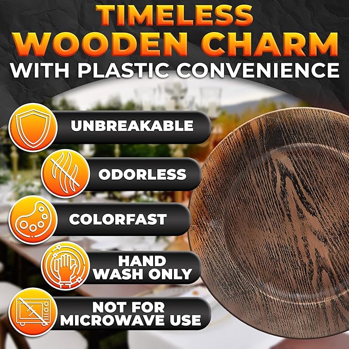 Easter Plastic Chargers for Dinner Plates Set of 4 - Large 13" Round Design -Colorfast and Elegant, Suitable for Dinner Settings, Weddings | Great Festive Home Decor Gifts, Faux Wood Charger Plates