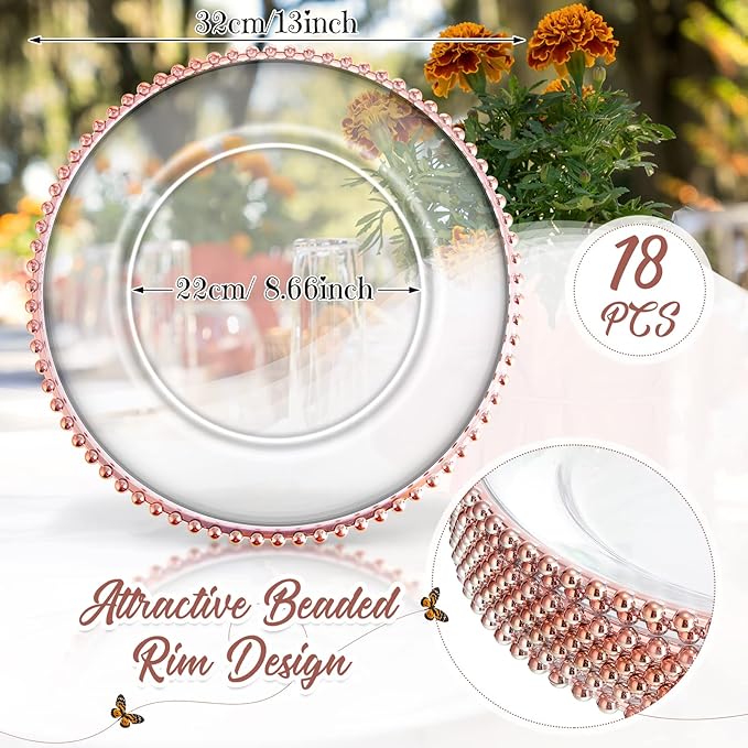 Zopeal 18 PCS Clear Charger Plates with Beaded Rim 13 Inch Plastic Round Charger Plates Bulk for Dinner Home Kitchen Wedding Party Tabletop(Rose Gold)