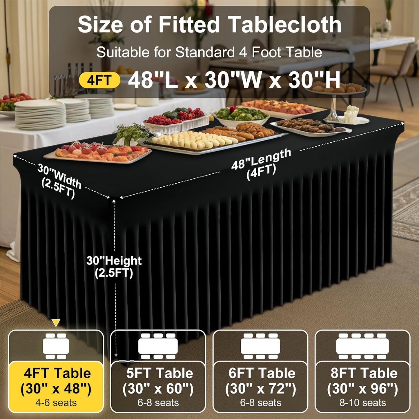 Smiry Spandex Tablecloth, Elastic Fitted Stretch Tablecloth for 4FT Rectangle Tables, Waterproof Washable Table Cover Skirt for Outdoor, Wedding, Banquet & Parties (Black, 48Lx30Wx30H Inch)