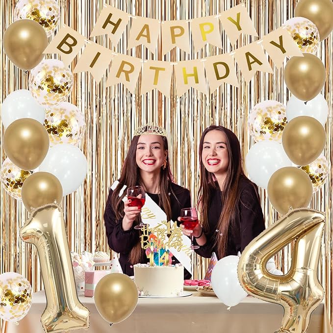 Trgowaul 14th Birthday Decorations for Girls, Banner, Sash and Crown, Cake Topper, 14 Number Balloon, Fringe Curtains, Champagne Gold 14th Birthday Party Supplies