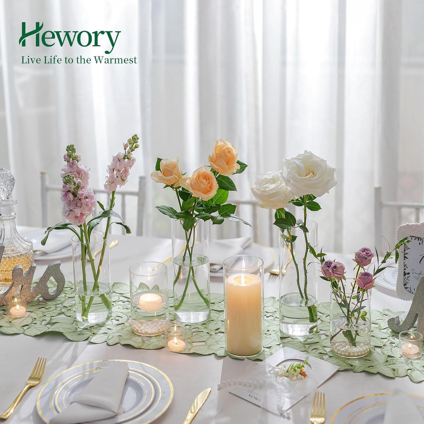 Glass Cylinder Vases Set of 6, Hewory Tall Clear Vase for Centerpieces, Glass Hurricane Candle Holders for Pillar or Floating Candles, Round Vases for Wedding Anniversary Events Table Decor, 3.3in