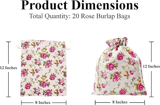 Mandala Crafts 8X12 Inch Rose Burlap Drawstring Gift Bags for Favors - 20 Large Floral Linen Sacks Gift Pouches for Candy, Coffee, Jewelry, Wedding, and Party Supplies