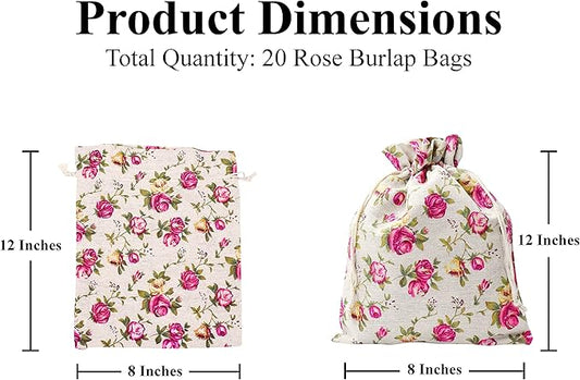 Mandala Crafts 8X12 Inch Rose Burlap Drawstring Gift Bags for Favors - 20 Large Floral Linen Sacks Gift Pouches for Candy, Coffee, Jewelry, Wedding, and Party Supplies