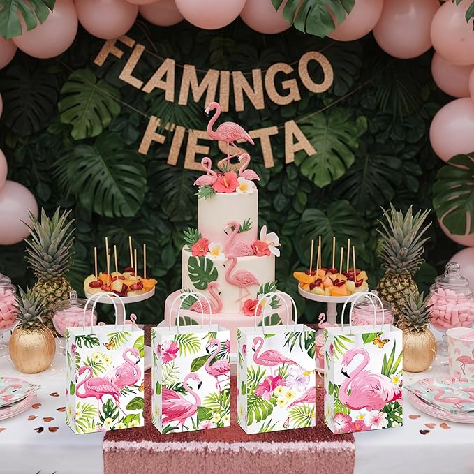 Resholder 30 Pcs Flamingo Gift Bags with Handles Aloha Hawaiian Tropical Party Favors Pouch Luau Palm Tree Goodie Paper Bags Flamingo Portable Candy Treat Pouch for Birthday Beach Pool Party Supplies
