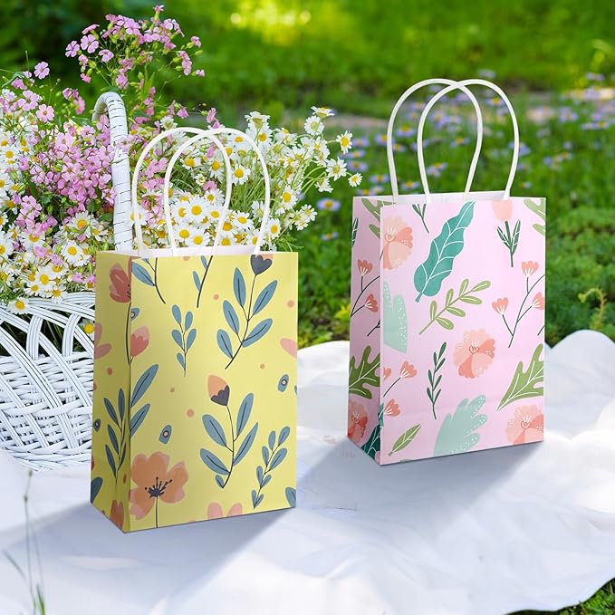 Kolldenn 36 Pcs Floral Gift Bags Watercolor Tea Party Treat Goodie Bags Women with Handles Thank You Birthday Candy Treat Engagement Party Supplies, 8.3 x 5.9 x 3.1 Inches(Chic)