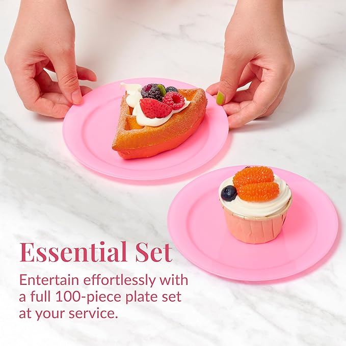 Prestee Pink Plastic Plates 6.25" – 100 Pack Disposable Party Plates for Wedding, Events, Parties – Elegant Pink Plastic Plates for Party, Fancy Disposable Dinnerware for Desserts, Salad
