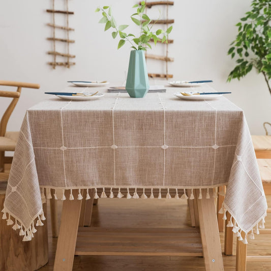 Pahajim Rustic Linen Tablecloth Cotton Rectangle Table Cloth for Kitchen Dining with Tassel Plaid Waterproof Tablecloths Rectangle/Oblong,55''x118'',10-12 Seats