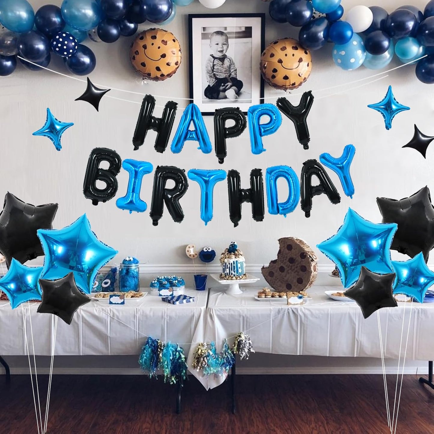 TONIFUL 35PCS Black Blue Happy Birthday Decorations Kit 16 Inch Happy Birthday Balloon Banner with Star Balloons Mylar Foil Birthday Party Decorations Supplies for Men Women Adults Girls Boys Kids
