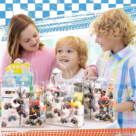Tioncy 24pcs Truck Party Favor Bags Truck Gift Goodie Bags Car PVC Candy Treat Tote Clear Gift Bag with Handles for Kids Game Construction Racing Theme Birthday Party Supplies