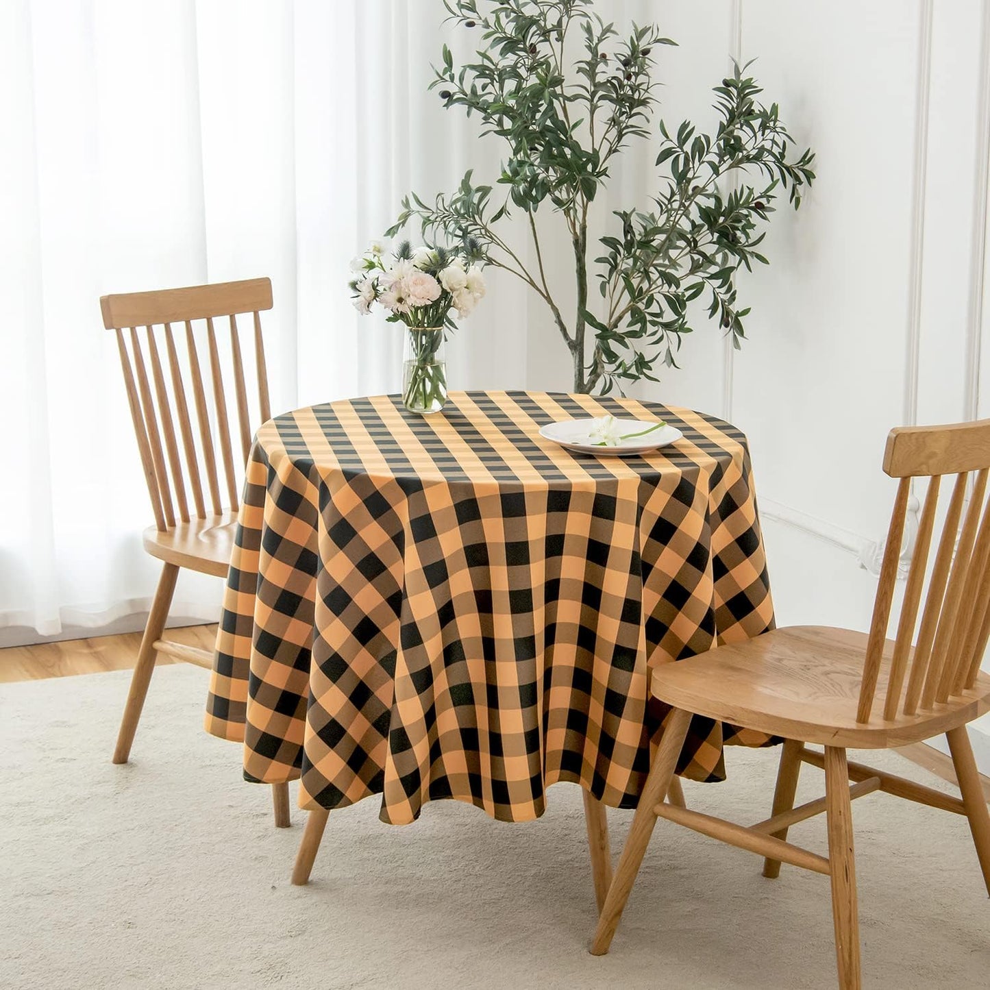 maxmill Round Checkered Tablecloth Spillproof Wrinkle Free Heavy Weight Gingham Table Cloth for Circular Table Cover Buffalo Plaid for Buffet Banquet Parties Holiday Dinner 70 Inch Black and Orange