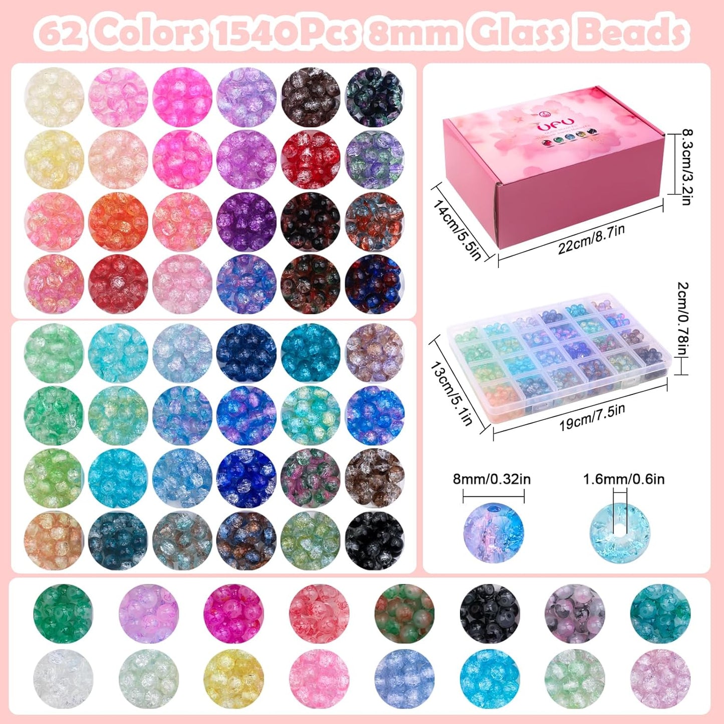 UFU 8mm Glass Beads Bracelet Making Kit, 1540+ Pcs 62 Colors Crackle Glass Beads for Jewelry Making, Round Crystal Beads for Bracelets Necklace Earrings DIY Crafts Gifts