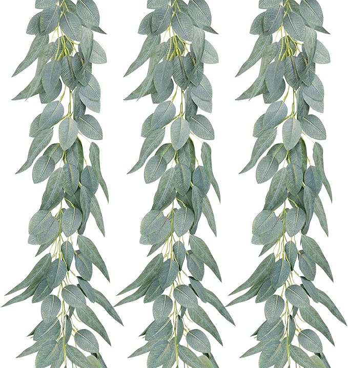 Ageomet 3pcs 6.6ft Eucalyptus Garland, Artificial Eucalyptus Vines Faux Hanging Garland with Fake Leaves for Wedding Party Table Backdrop, Arch Wall Garden Decor