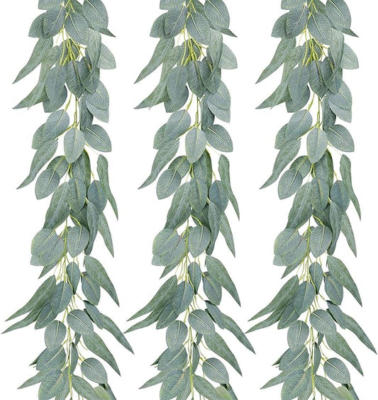 Ageomet 3pcs 6.6ft Eucalyptus Garland, Artificial Eucalyptus Vines Faux Hanging Garland with Fake Leaves for Wedding Party Table Backdrop, Arch Wall Garden Decor
