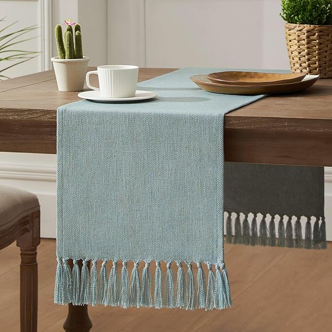 ZeeMart Linen Blend Table Runner, Blue 13x48 Inch, Farmhouse Burlap Linen Style Rustic Blue Table Runners 48 Inches Long