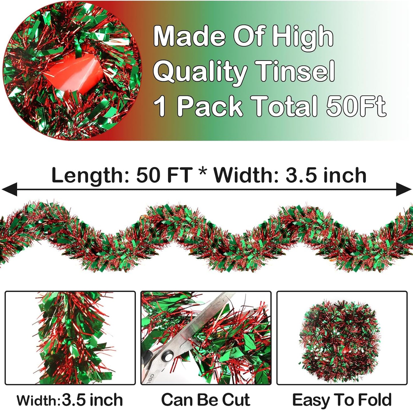 50 Feet Christmas Tinsel Garland Metallic Tinsel Garland Christmas Tree Decorations for Christmas Party Supplies Indoor and Outdoor Decor (Red and Green)