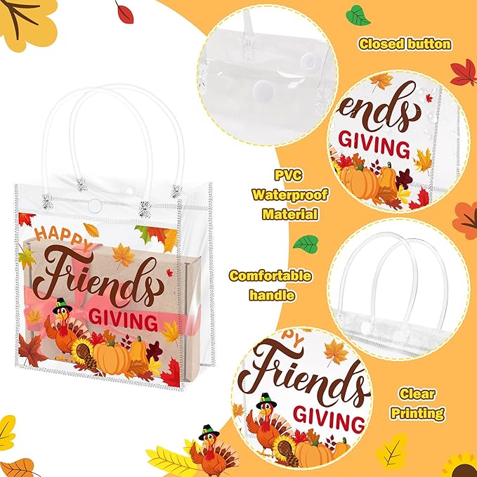 H1vojoxo Friendsgiving Party Gift Bags - 24PCS Happy Friendsgiving Clear PVC Gift Bags with Handle Reusable Thanksgiving Goodie Treat Candy Tote Bag Turkey Pumpkin Maple PVC Tote Bag for Party Decor