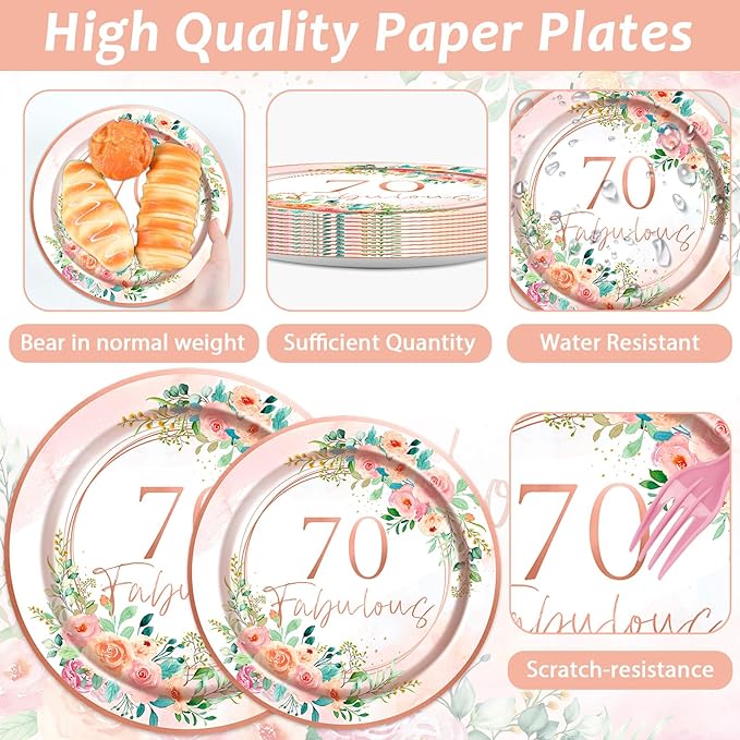 OBUSATT 96Pcs Floral 70 Fabulous Party Supplies 70th Birthday Paper Plates Napkins Rose Gold Party Decorations 70 Years Dinnerware Party Favor Women 70th Tableware Serves 24