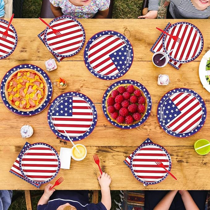 Grencian 96Pcs American Flag Patriotic Party Supplies Veterans Day Patriotic Paper Plates and Napkins US Flag Disposable Tableware for Veterans Day 4th of July Party Decorations Serve 24