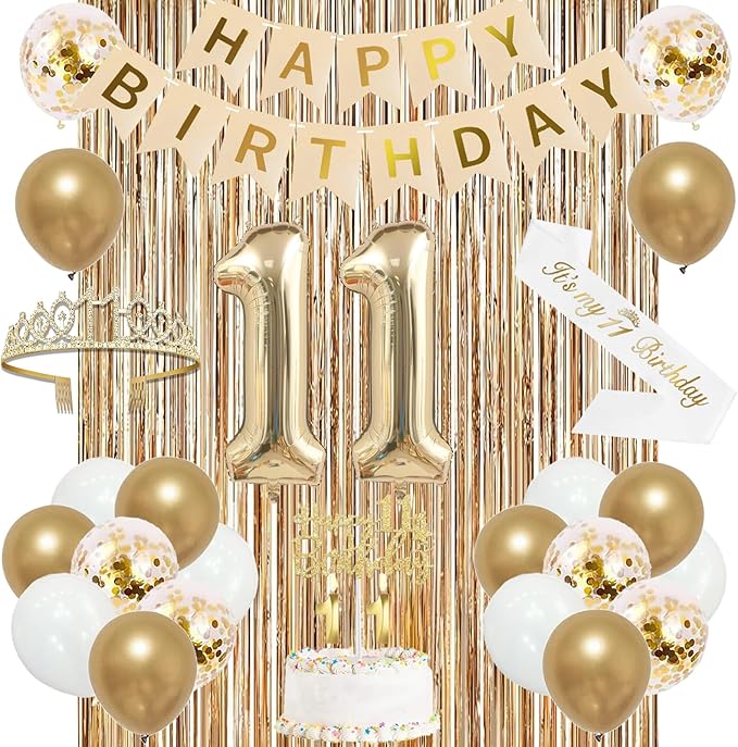 Trgowaul 11th Birthday Decorations for Girls, Banner, Sash and Crown, Cake Topper, 11 Number Balloon, Fringe Curtains, Champagne Gold 11th Birthday Party Supplies