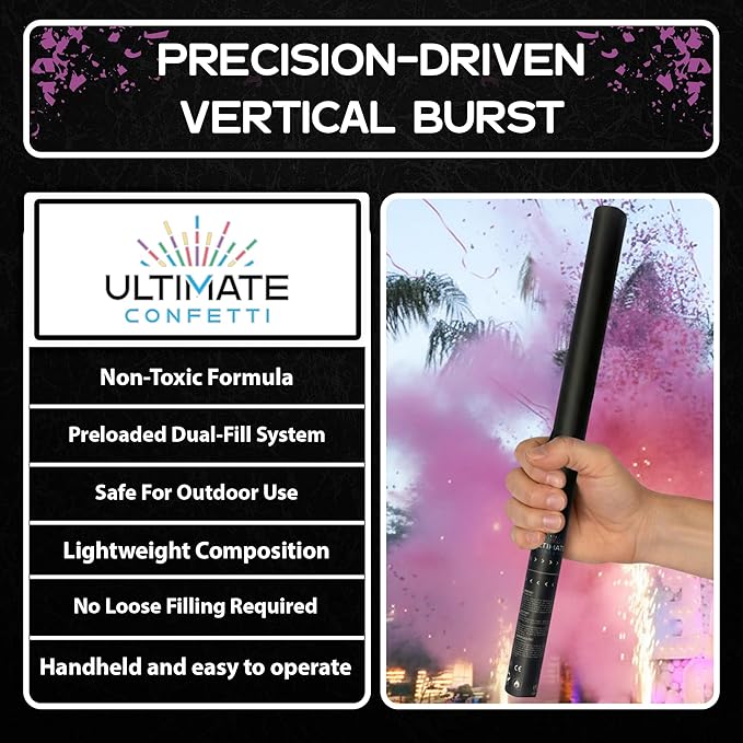 Ultimate Confetti – Handheld Gender Reveal Powder + Confetti Cannon 24” Pink – Non-Toxic Food-Grade Powder Cannon – Pre-Filled, Leak-Resistant Single-Use Cannon– 15–25 ft Outdoor Photo-Ready Explosion