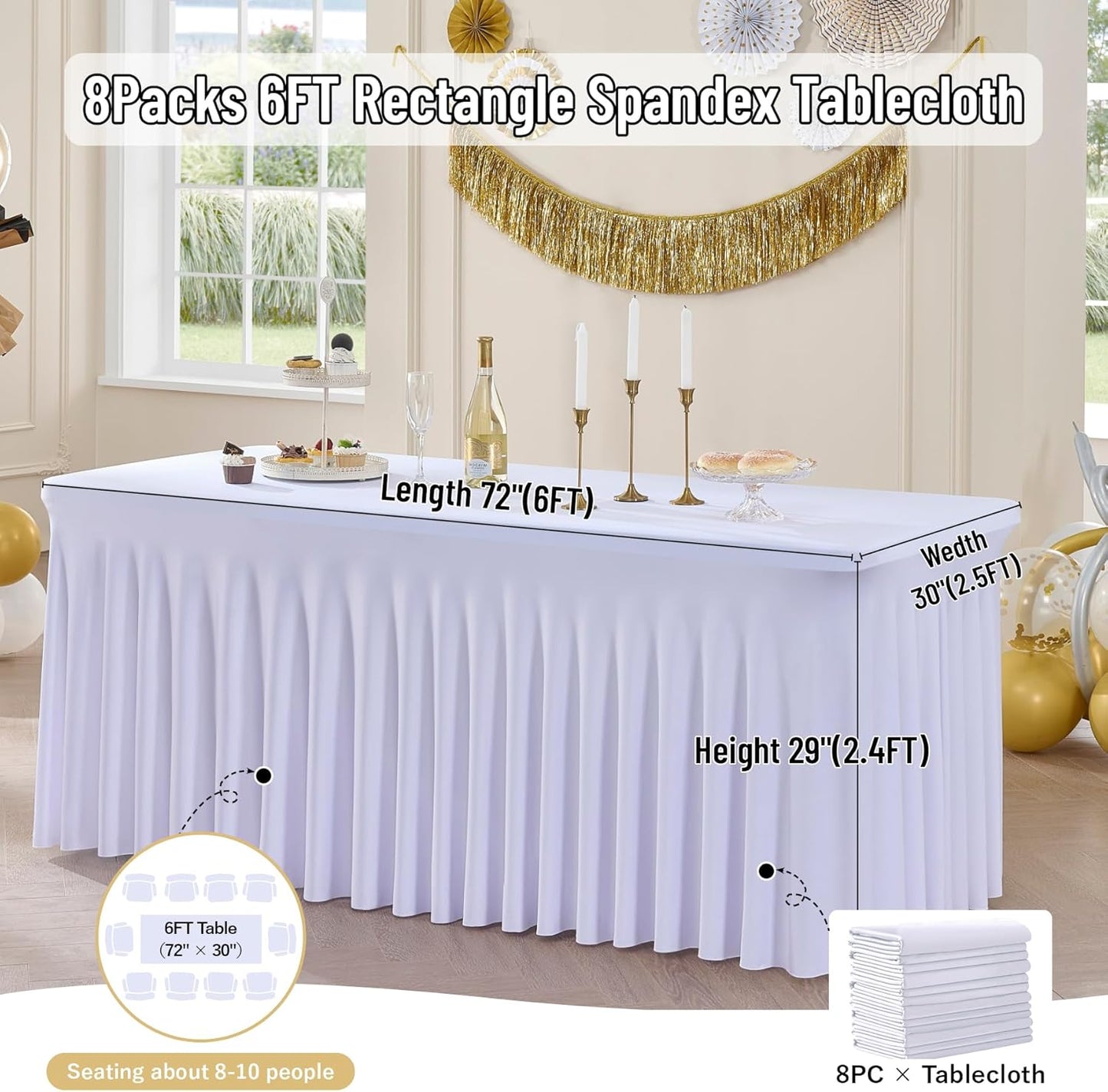 leegleri 8 Pack White Spandex Table Clothes for 6 Foot Rectangle Tables, Wrinkle Free 6ft Fitted Table Cover, Spandex Table Skirt for 6FT Rectangle Tables-for Banquet Weddings Parties