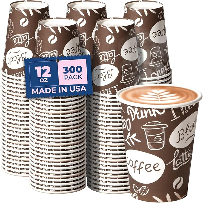 Fit Meal Prep 12 oz Coffee Cups 300 Count, Leak-Proof Hot Cup, Disposable Paper Coffee Cup Bulk for Hot/Cold Beverage, Durable Thickened Paper Cups for Party, Office, Bussines, Home, Bistros
