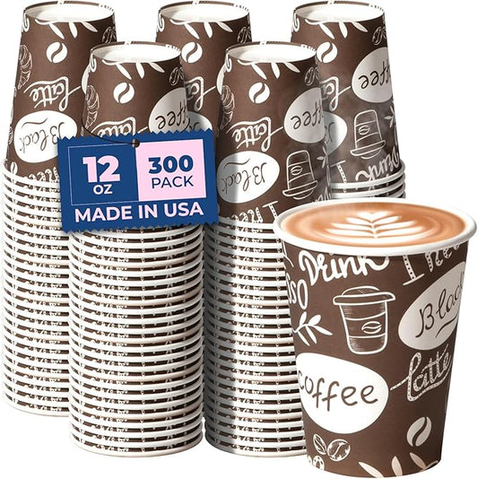 Fit Meal Prep 12 oz Coffee Cups 300 Count, Leak-Proof Hot Cup, Disposable Paper Coffee Cup Bulk for Hot/Cold Beverage, Durable Thickened Paper Cups for Party, Office, Bussines, Home, Bistros
