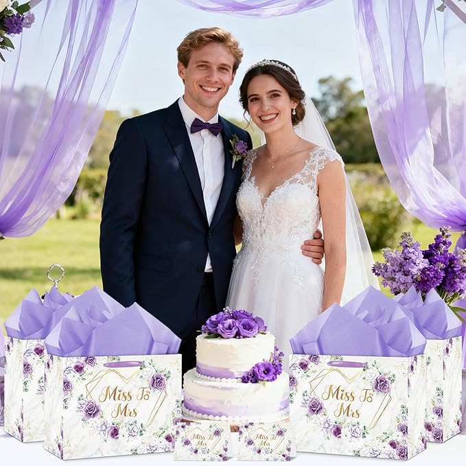Yomaiha Purple Bridal Shower Gift Bag Wedding Miss to Mrs Gifts Bag with Tissue and Card Bridal Shower Gift Wrapping Paper Bag Floral Boho Wedding Gift Bags Bride Engagement Bachelorette Party Bag