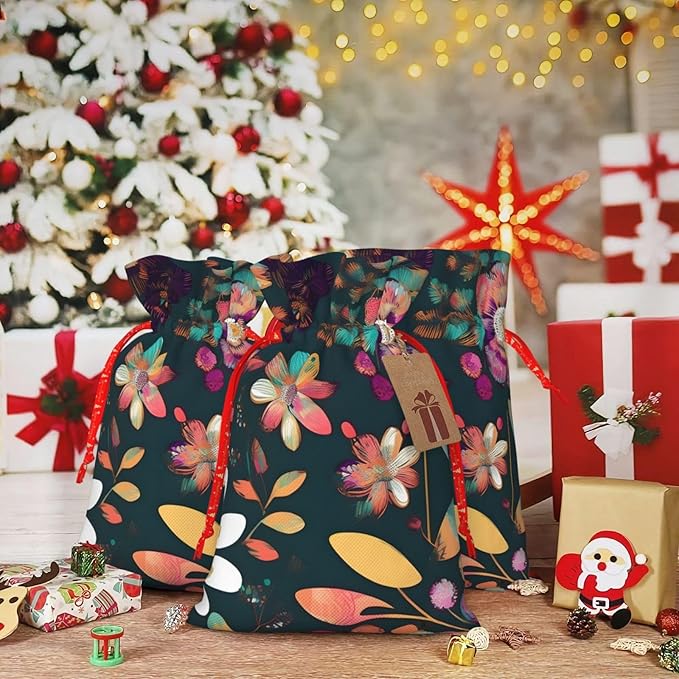 Colorful Boho Floral Printing Christmas Drawstring Gift Bags With Holiday Present Xmas Party Favors Fillers Sacks
