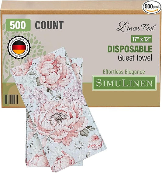 SimuLinen Pink Garden - Disposable Paper Towels for Bathroom, Guest Hand Towels, Cloth-Like Linen-Feel, Single-Use, Size 12x17" - 500ct (Made in Germany)