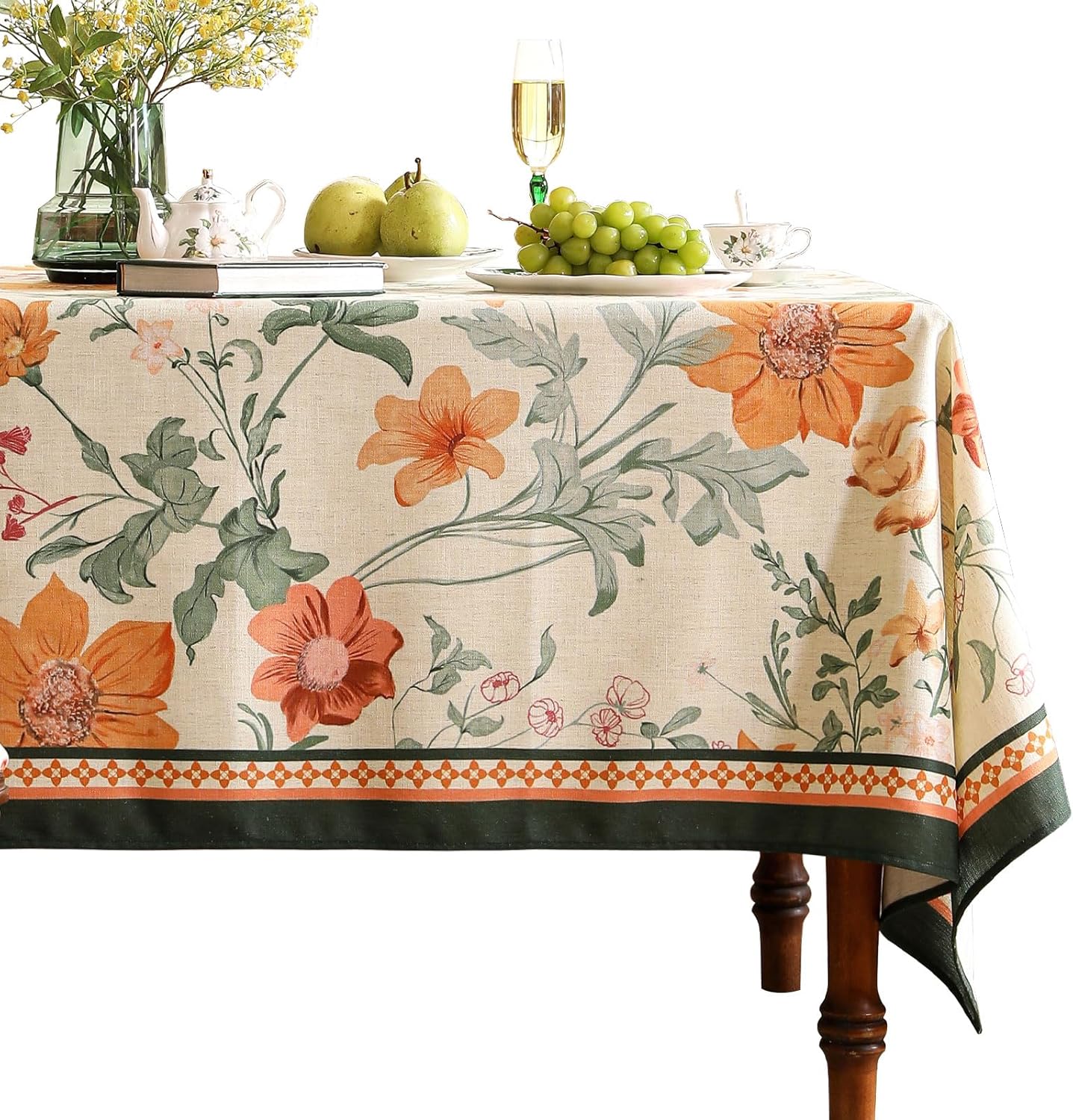 French Linen Square Tablecloth,Orange Floral Pattern Wrinkle Resistant and Soft Table Cloth,Decorative Table Cover for Kitchen,Dining,Thanksgiving,Tea Party,Christmas,67"*67"-Milch