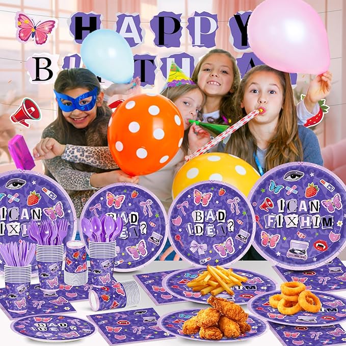 169Pcs Purple Music Birthday Decorations Pop Star Party Decorations Purple Birthday Plates Napkins Cups Banner Cutlery, Purple Party Supplies, Serves 24