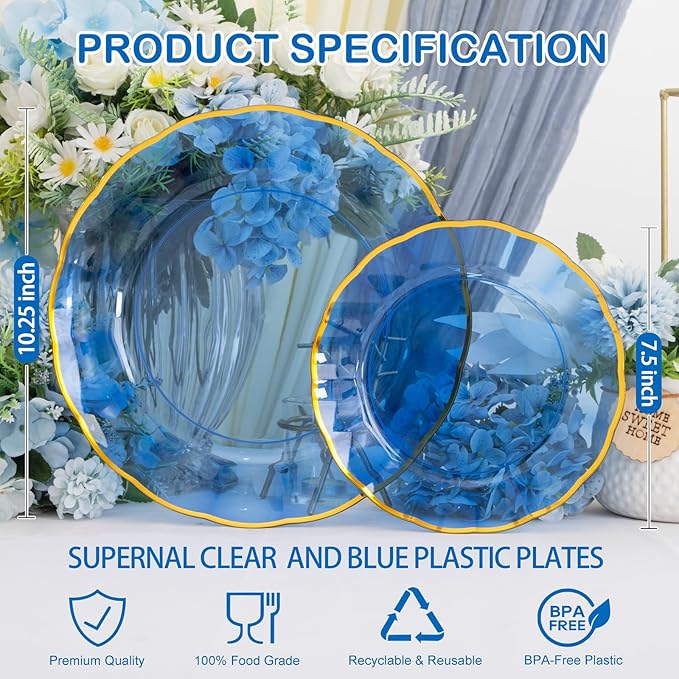 supernal 60pcs Blue Plastic Plates,Fancy Scalloped Plates Disposable Heavy Duty, Decorative Plate Wedding Disposable Dinnerware Include 30 Dessert & Dinner Plastic Plate for Party and Birthday