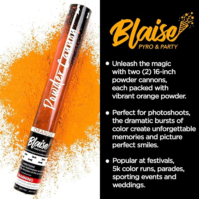 Blaise Pyro & Party - Orange Powder Poppers - Water-Soluble & Colorful Powder Cannons for Gender Reveals, Birthdays, Weddings & Celebrations - Easy to Use for Memorable Photos - 16-Inch, 2-Pack
