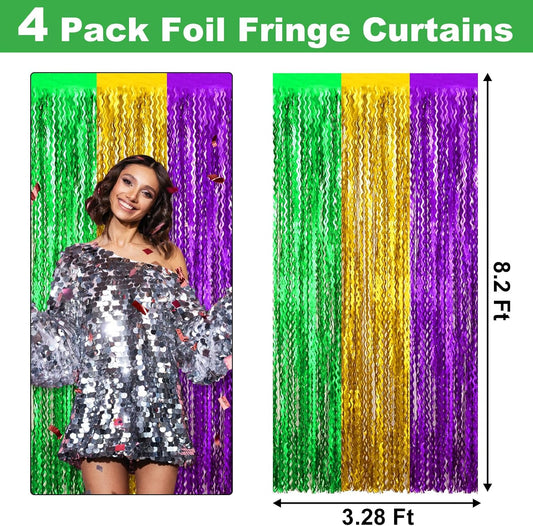 4 Pack Gold Green Purple Fringe Curtain Backdrop 3.2Ft x 8.2Ft Metallic Tinsel Foil Fringe Streamers Background for Photo Booth Mother's Day, Easter, Carnival, Birthday, Wedding Party Decoration